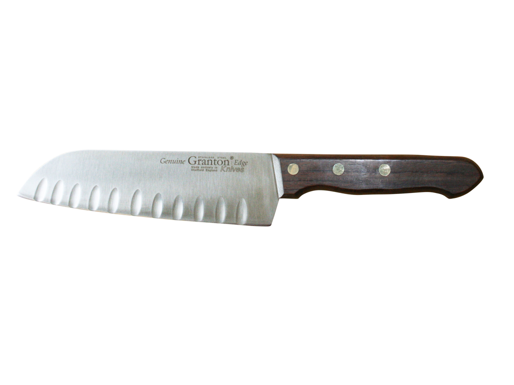 Cuchillo Santoku, 18 cm, Granton, Mango de madera, con corte de aire