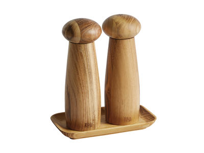 Juego de molinillos crudos con bandeja de teca