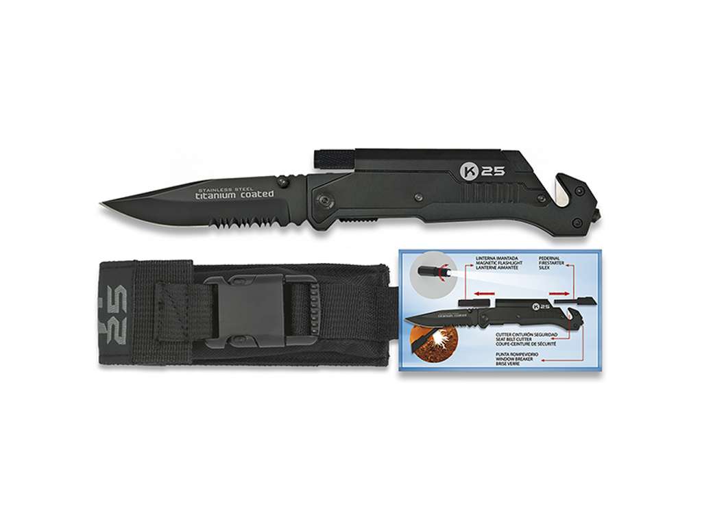 Cuchillo de bolsillo K25 Negro con hoja de 9,5 cm