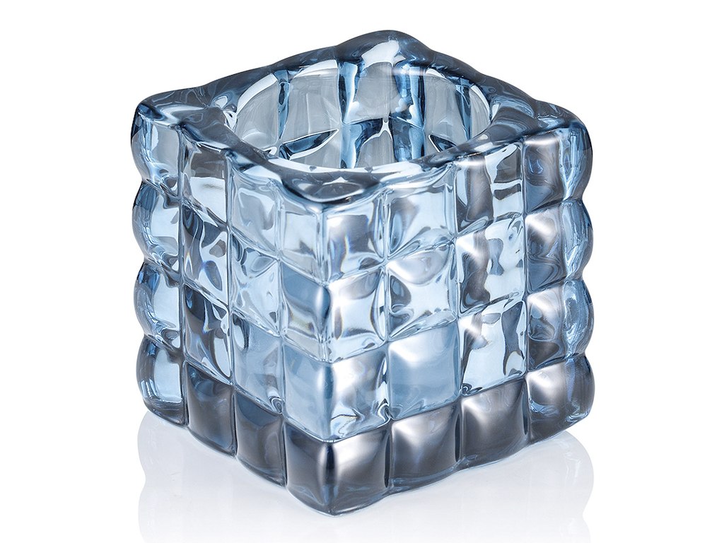 Portavelas 8x8x8 cm Cubo de Vidrio Luz Azul