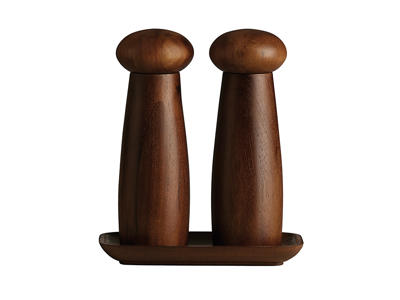 Juego de molinillos crudos con bandeja de madera oscura